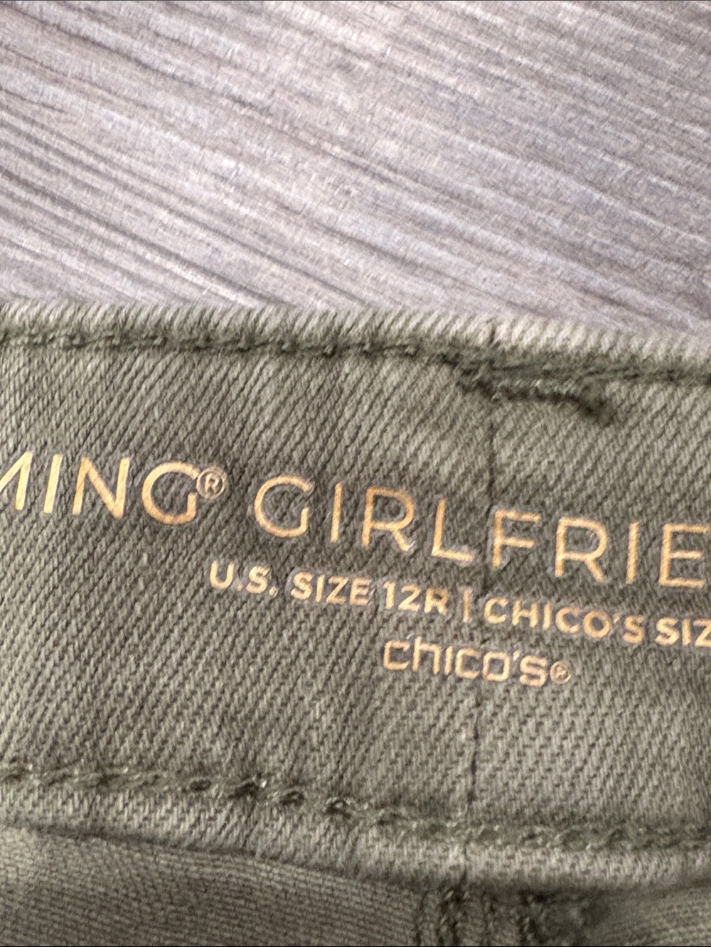 Chico's So Slimming Girlfriend Kick Flare Jeans in a khaki/olive green - Picture 10 of 11